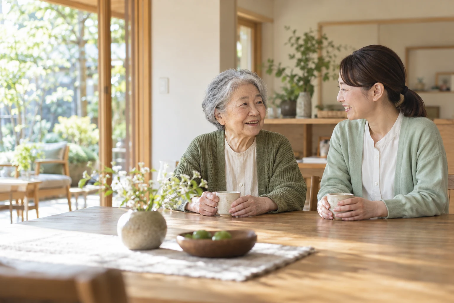 明るい室内で、高齢の女性と介護スタッフが穏やかに話すイメージ
